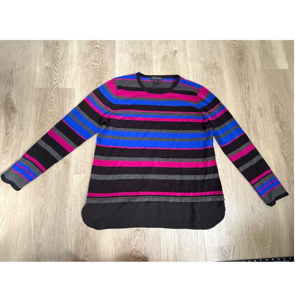 Investments Striped Mixed Media Tunic Top Long Sleeve Black Pink Blue Large